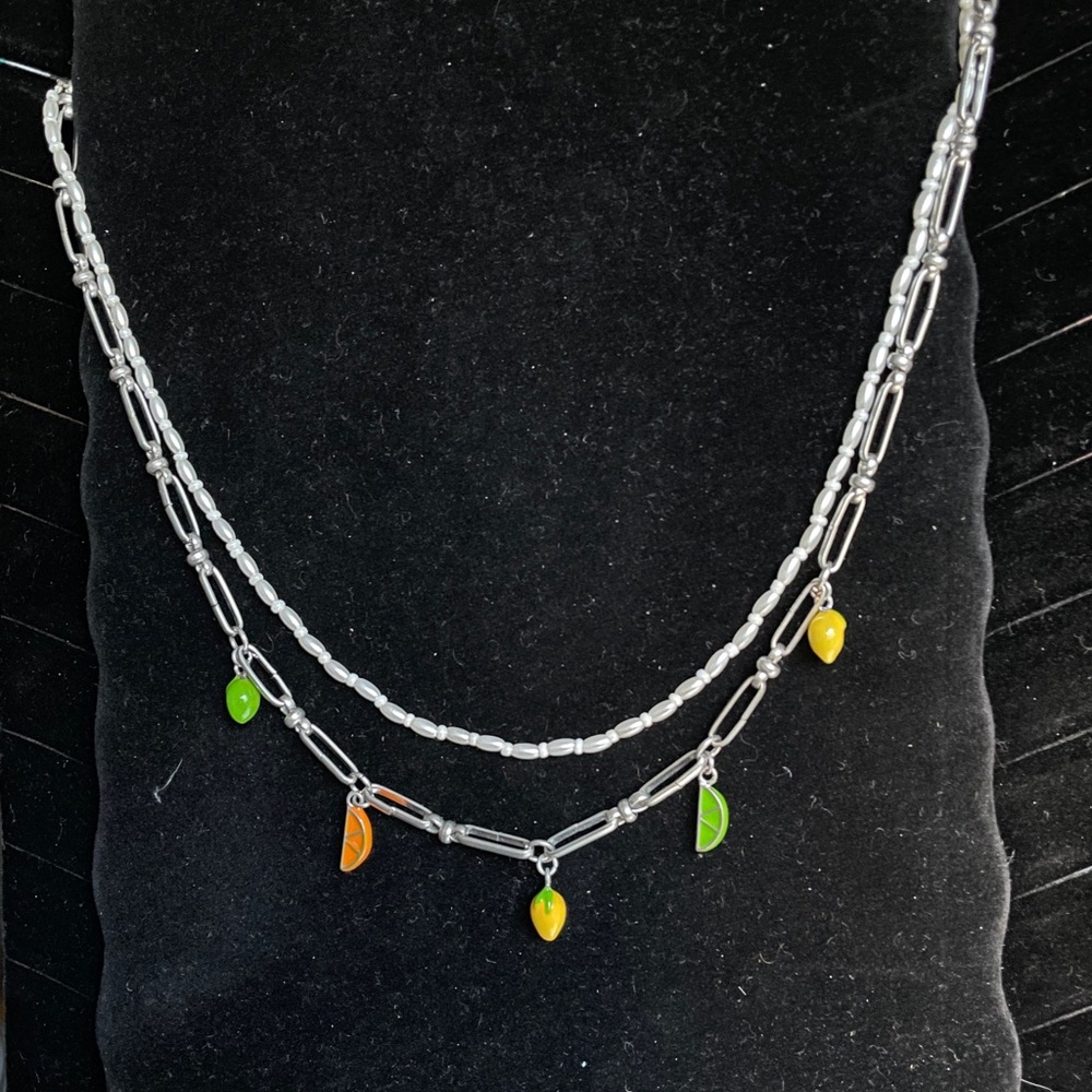 Free People 2 strand Amalfi Necklace, silver tone, pearls, citrus fruit, NWOT